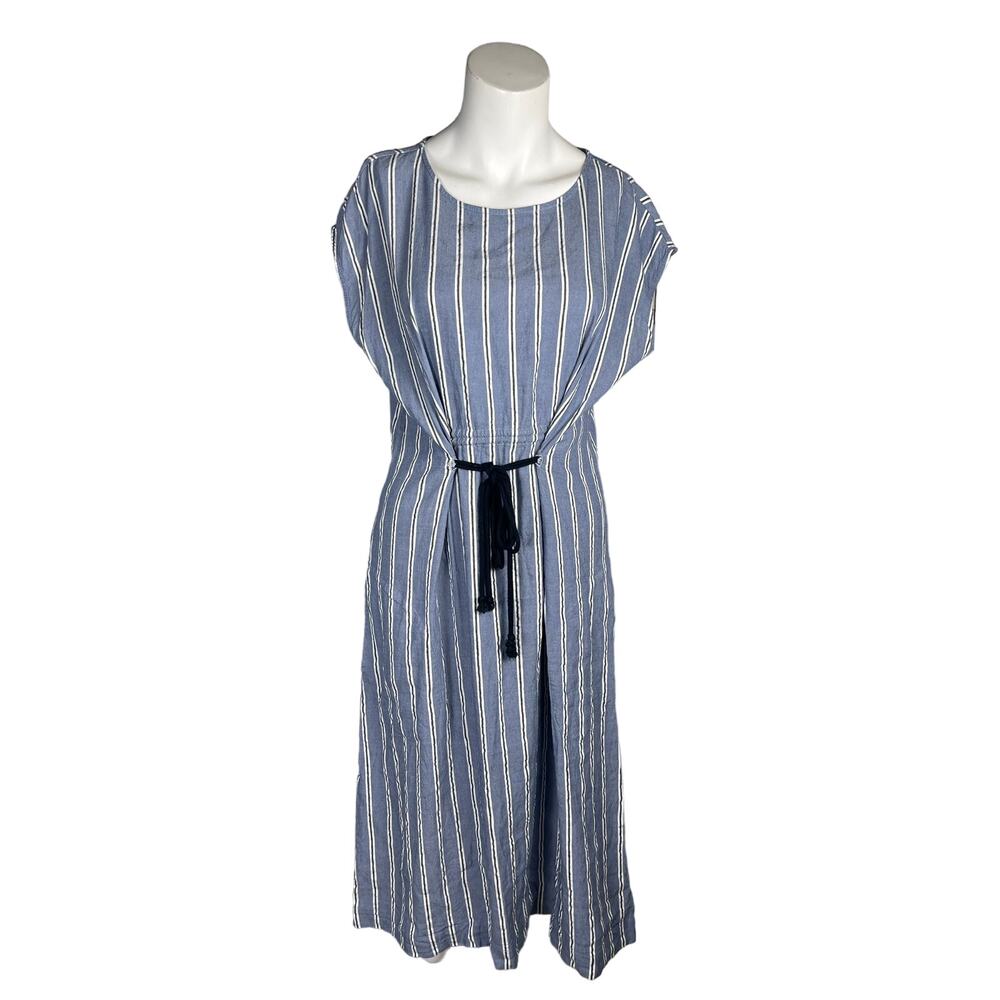 Kal Rieman Linen Blend Dress Women's XL Blue Vertical Stripe Drawstring Waist